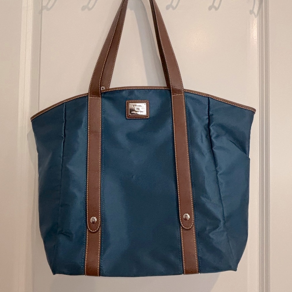 Lancel Nylon Tote Shoulder Bag Purse Handbag Blue Teal